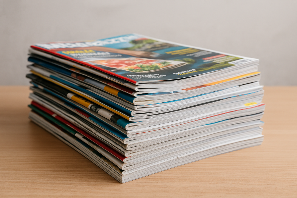 Ein Stapel Magazine auf Holztisch