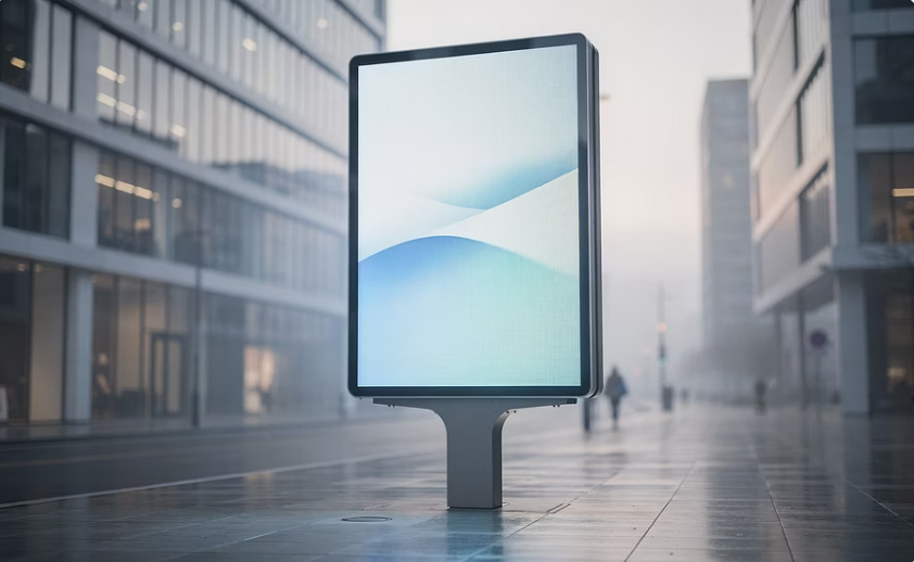 DooH Digitaler Screen in neblig, nasser Straße