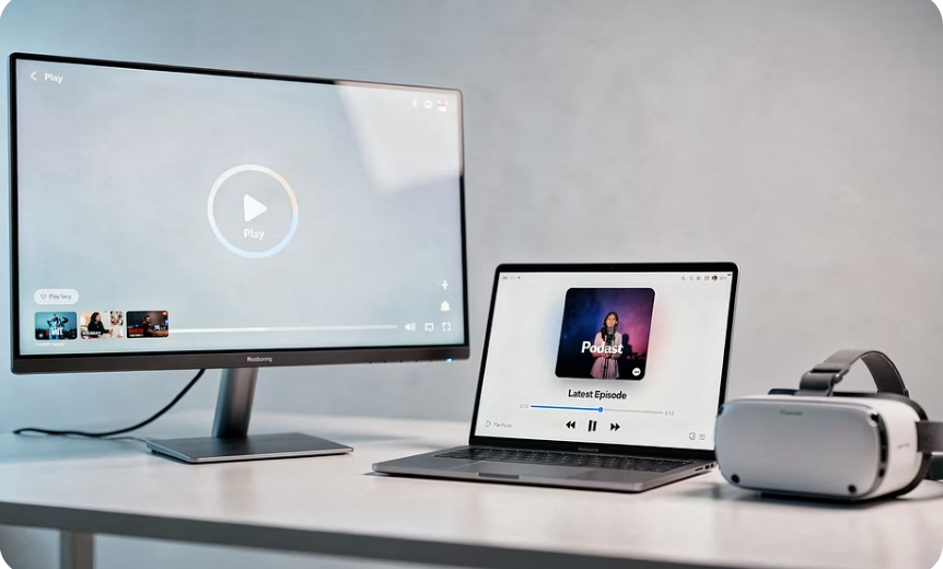 Monitor, Laptop VR-Brille auf Schreibtisch