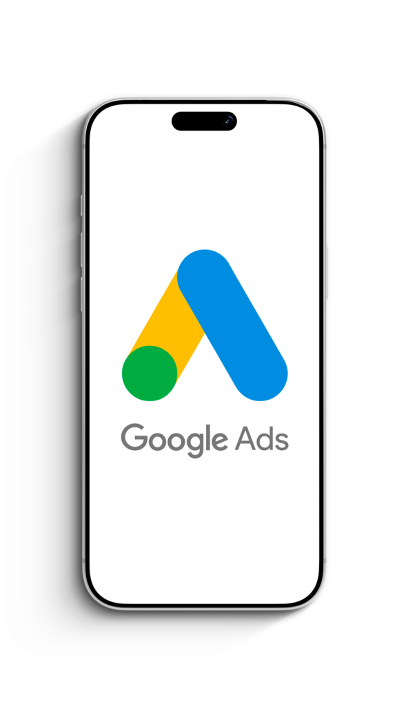 Smartphone-Mockup mit weißem Display und dem Google Ads Logo.