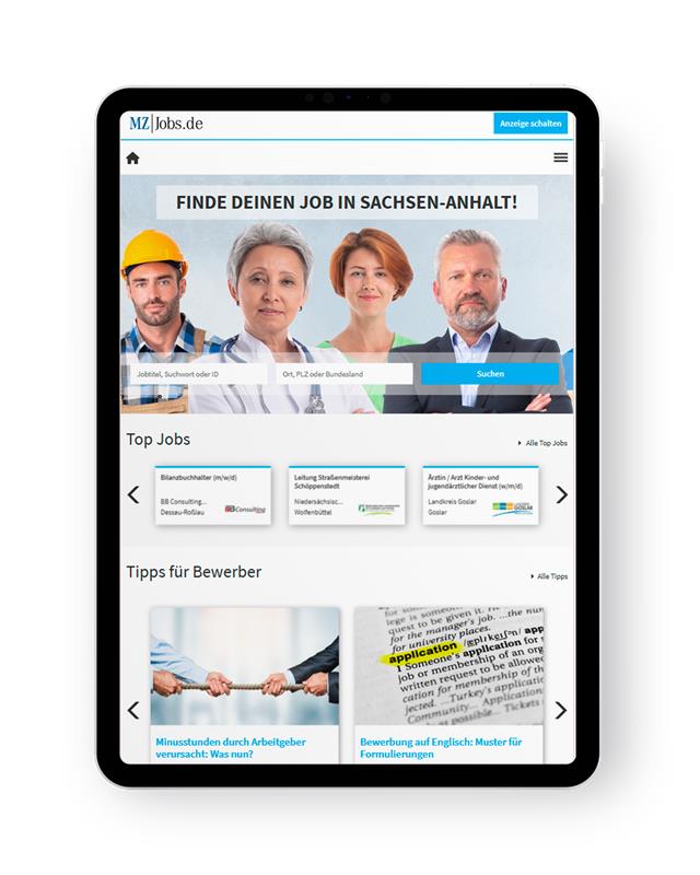 Tablet displaying a job-search website (MZ Jobs.de) with a banner 'Finde deinen Job in Sachsen-Anhalt' and sections 'Top Jobs' and 'Tipps für Bewerber'