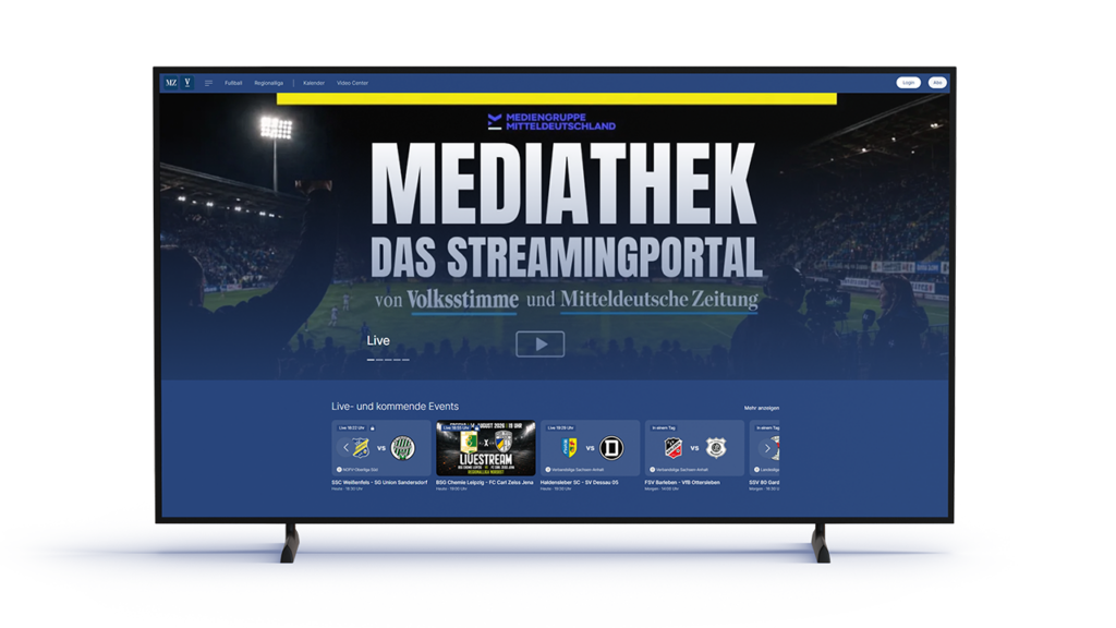 Werbung für die Mediathek - Das Streamingportal der Volksstimme und Mitteldeutsche Zeitung, auf einem Flachbildfernseher
