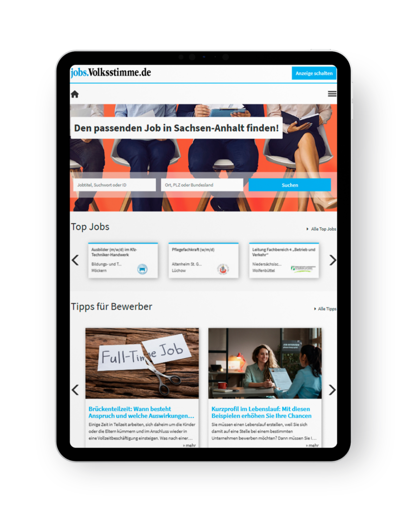 Tablet showing the German job portal jobs.volksstimme.de with a search banner, Top Jobs and tips for applicants on the homepage.