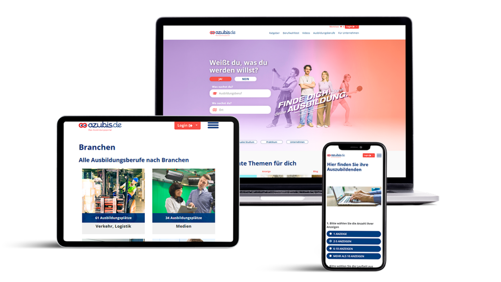 Responsive Darstellung von azubi.de auf einem Desktop-, Tablet- und Mobil-Bildschirm, die die Branchen-Seite und schülerfreundliche visuelle Elemente für Ausbildungsanzeigen zeigt.