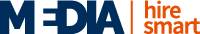 Blue 'MEDIA' logo next to orange 'hire smart' text logo in a brand header.